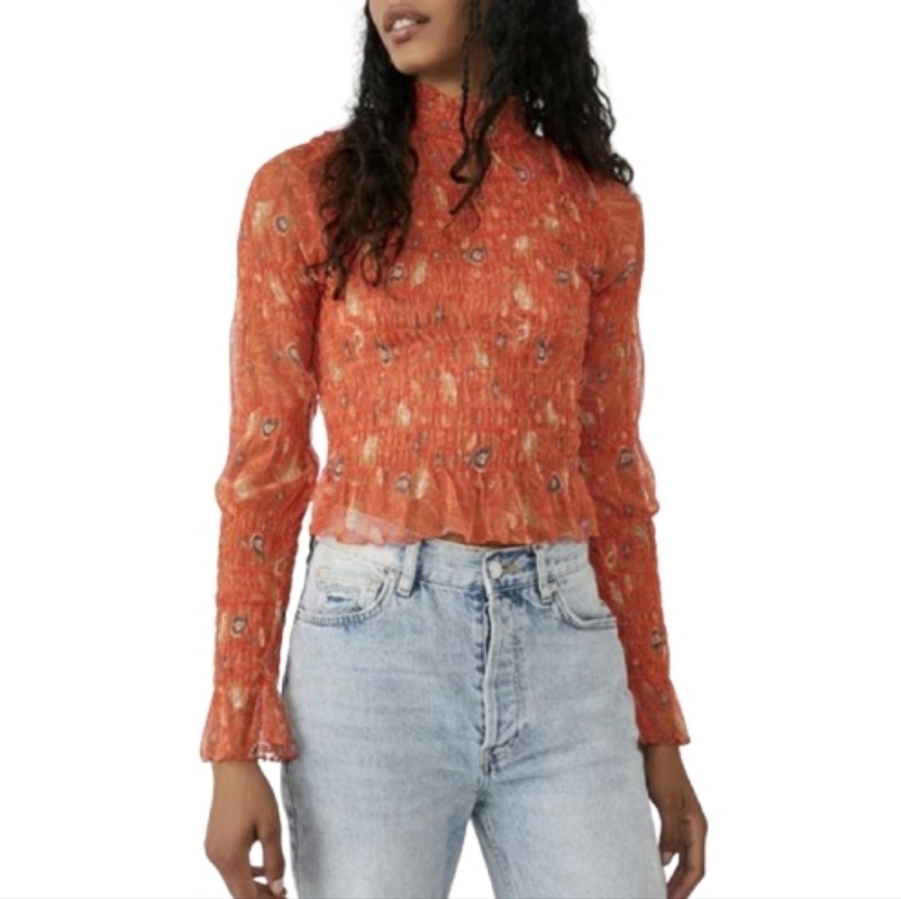 Free People Mesh Sheer Orange Floral Ruffle Smocked Top Size XS Mock Stretchy